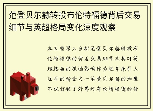 范登贝尔赫转投布伦特福德背后交易细节与英超格局变化深度观察