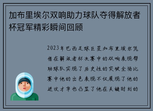 加布里埃尔双响助力球队夺得解放者杯冠军精彩瞬间回顾