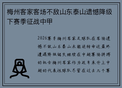梅州客家客场不敌山东泰山遗憾降级下赛季征战中甲